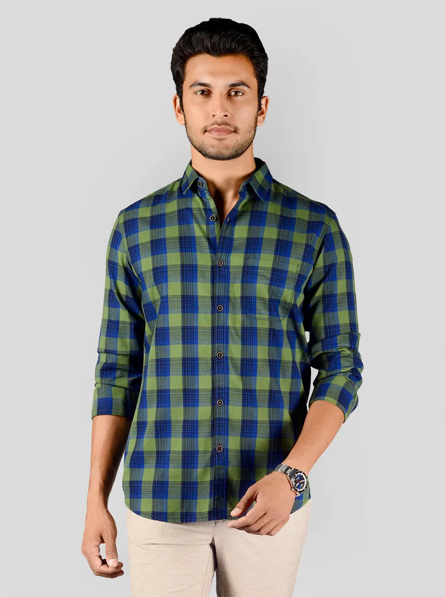 Green & Blue Checked Slim Fit Casual Shirt | JadeBlue