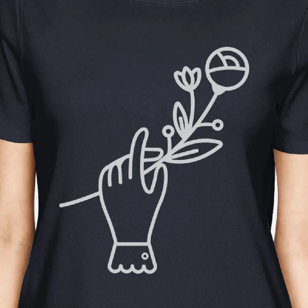 Hand Holding Flower Navy Cute Round Neck Tee Gift Ideas for Moms