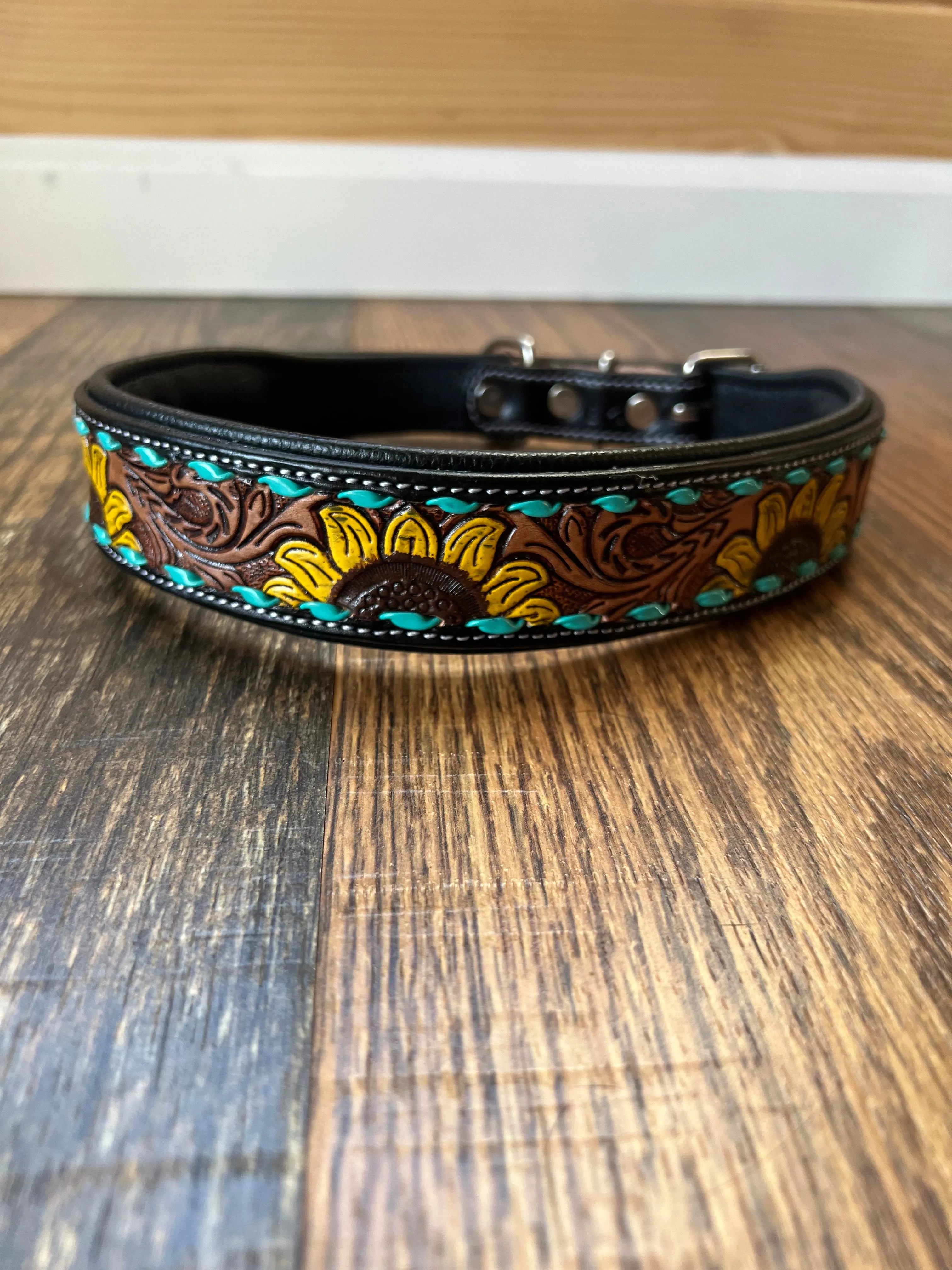 Handcrafted Padded Leather Tooled Sunny Dog Collar Sunflower with Teal Stitching