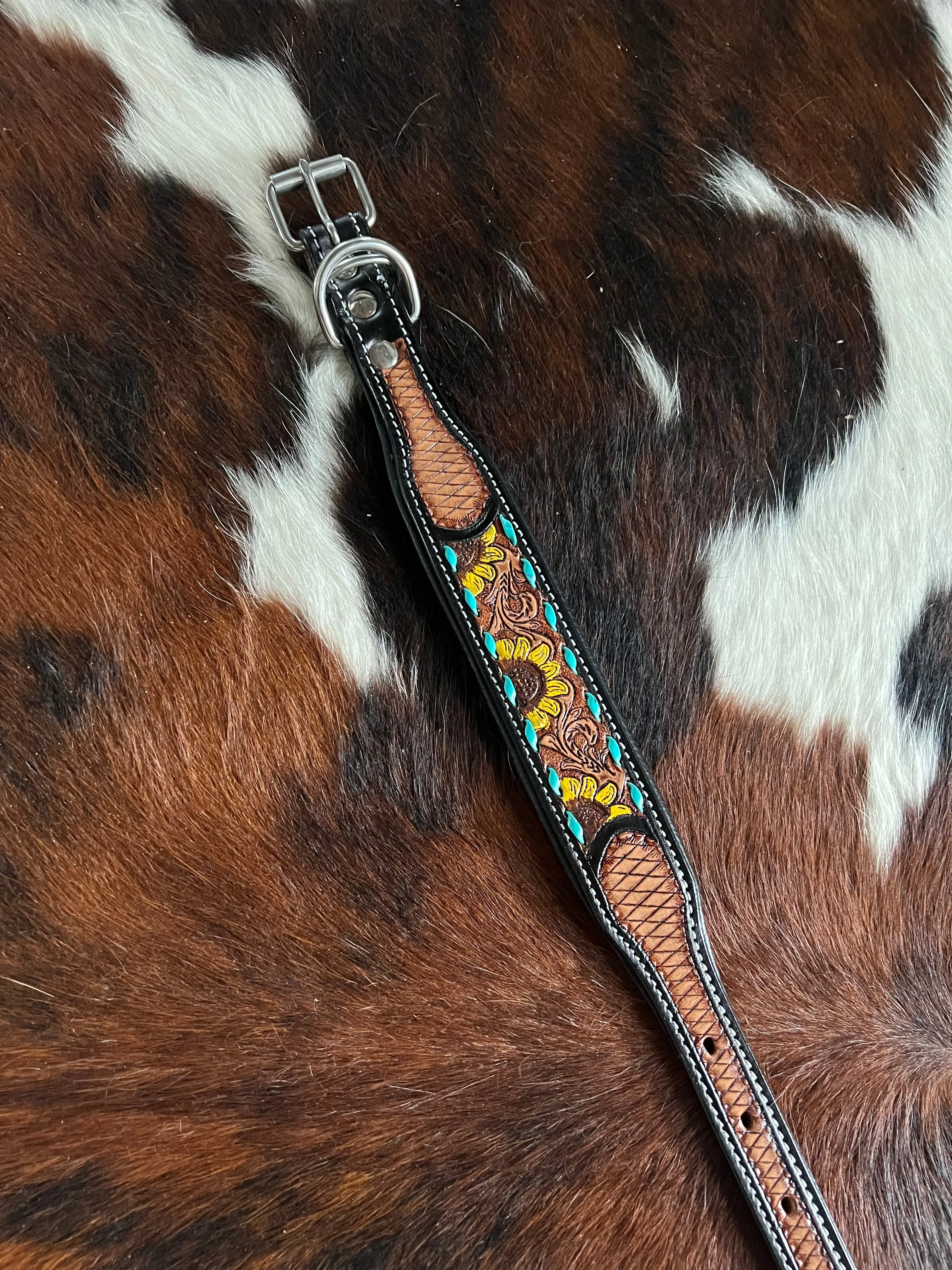 Handcrafted Padded Leather Tooled Sunny Dog Collar Sunflower with Teal Stitching