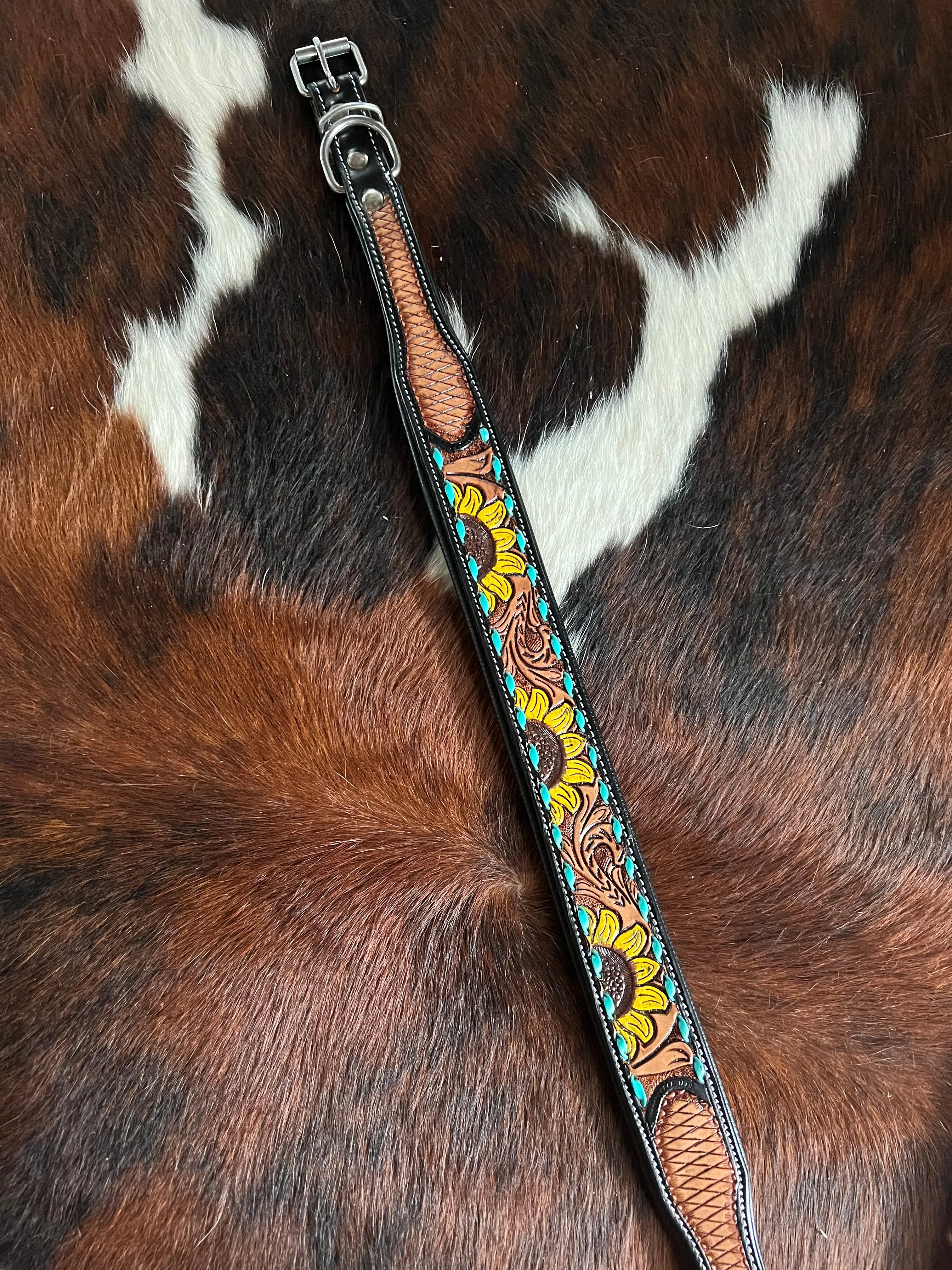 Handcrafted Padded Leather Tooled Sunny Dog Collar Sunflower with Teal Stitching