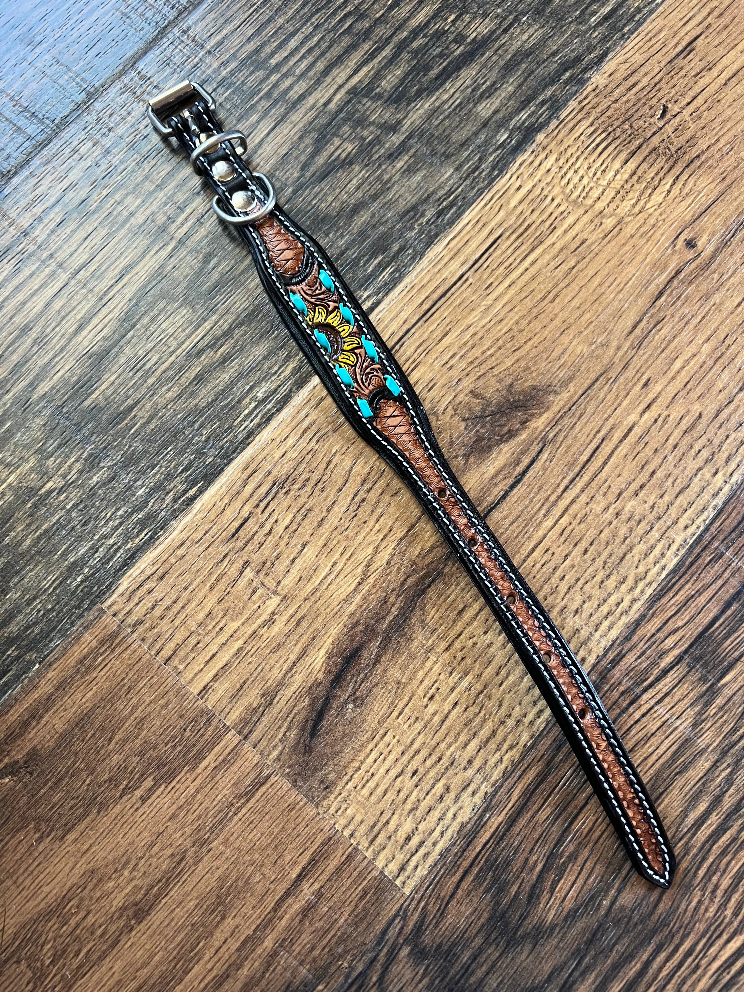 Handcrafted Padded Leather Tooled Sunny Dog Collar Sunflower with Teal Stitching