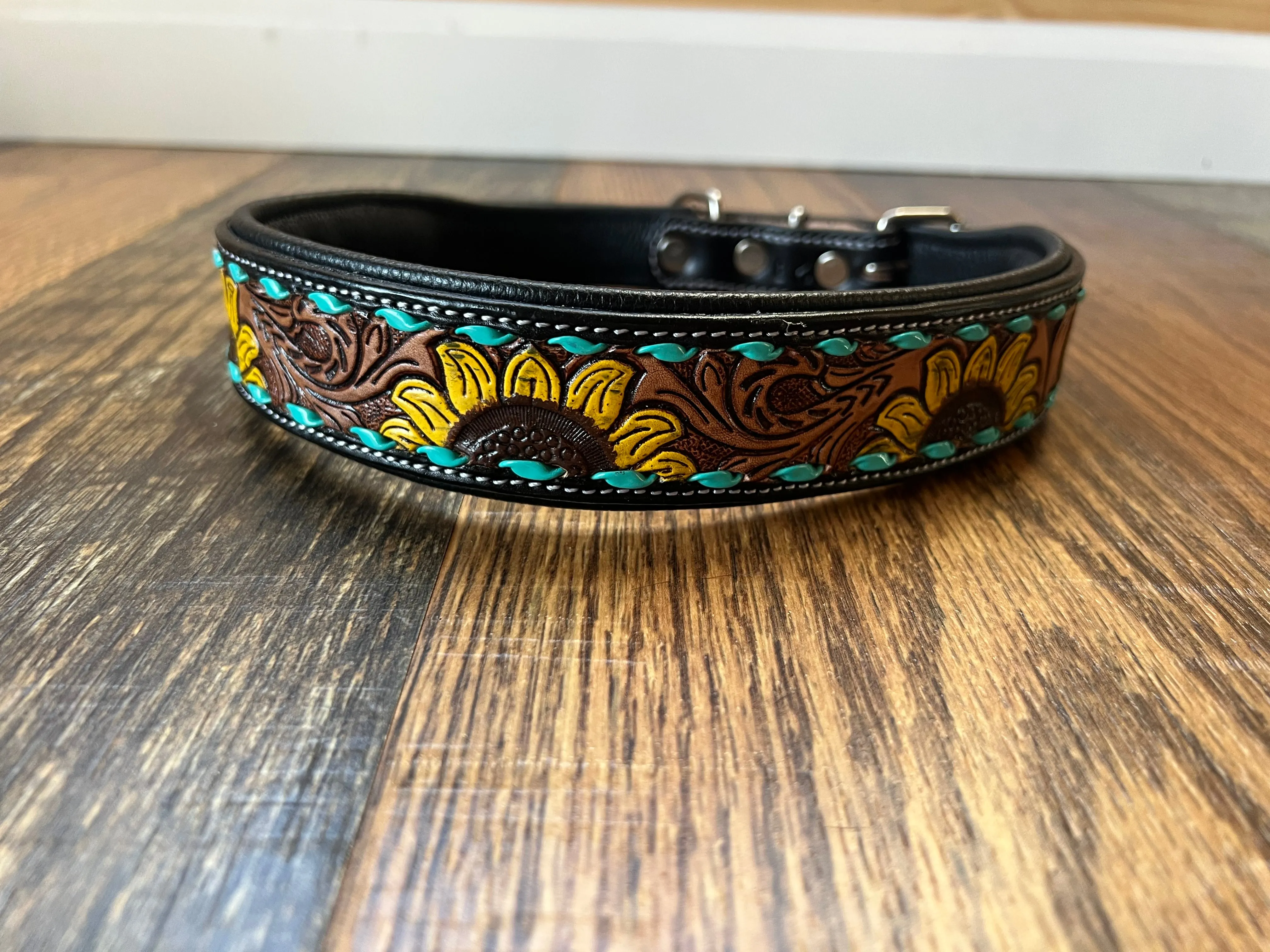 Handcrafted Padded Leather Tooled Sunny Dog Collar Sunflower with Teal Stitching