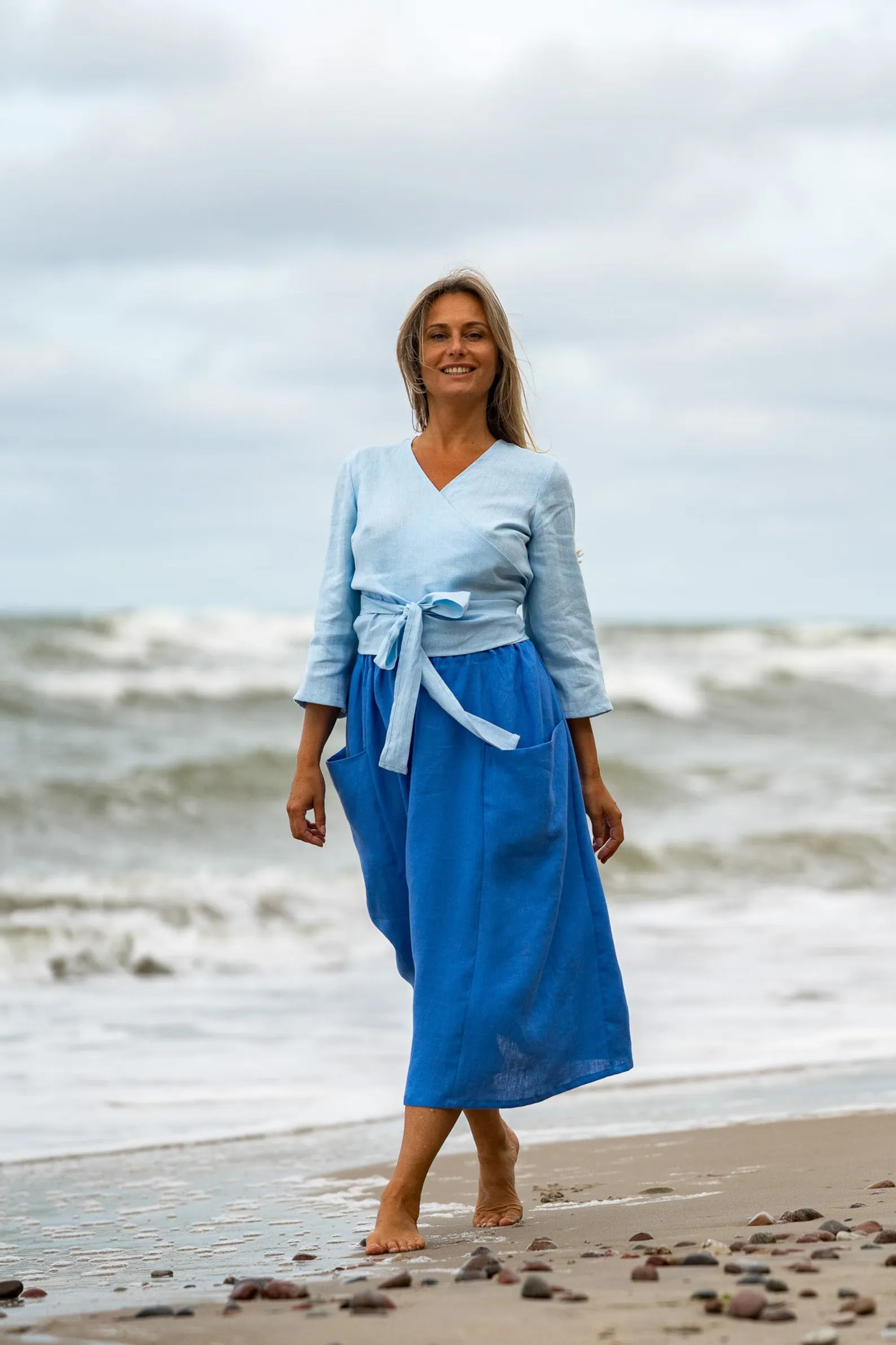 High Waist Deep Pockets MIDI Linen Skirt In Blue