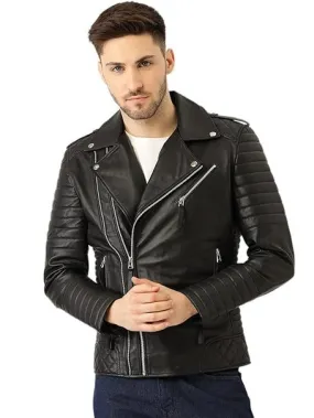 Hooded Faux Leather Biker Jacket for Men with Big Collar and Zip Closure