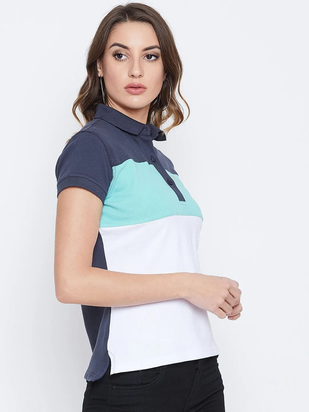 JUMP USA Women Navy Blue And Blue Colour blocked PoloT-Shirts