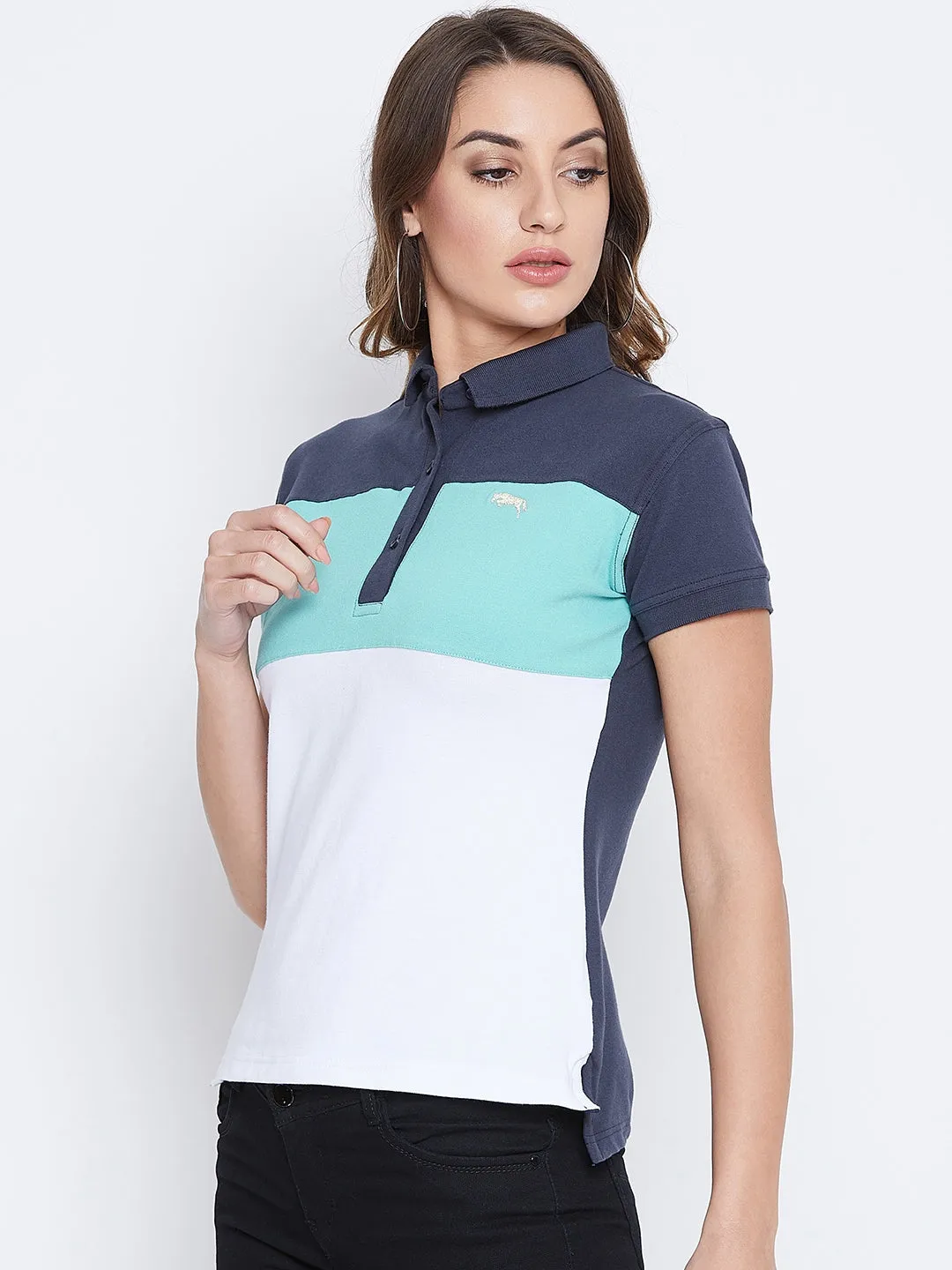 JUMP USA Women Navy Blue And Blue Colour blocked PoloT-Shirts