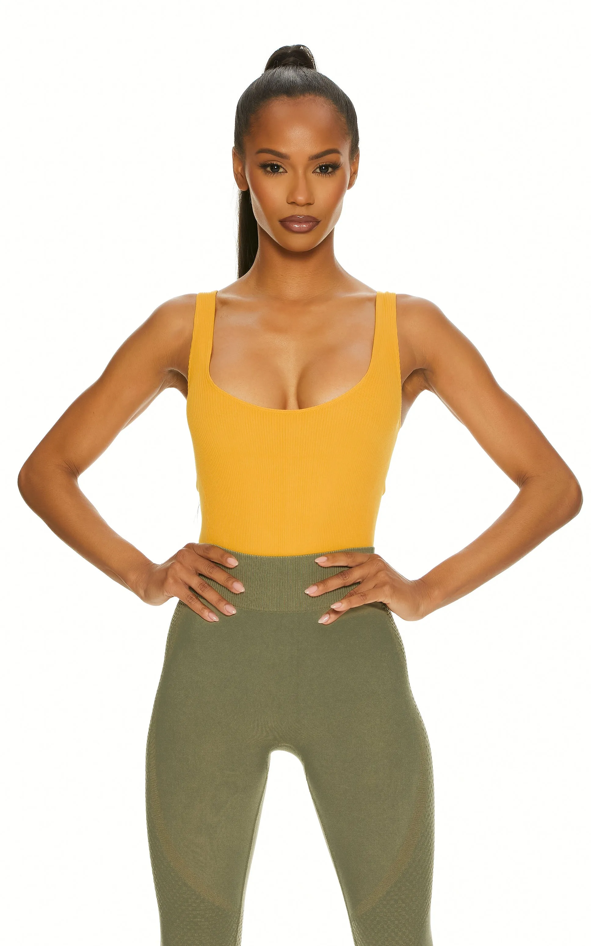 Killin It Seamless Rib Double Scoop Bodysuit | Warm Honey