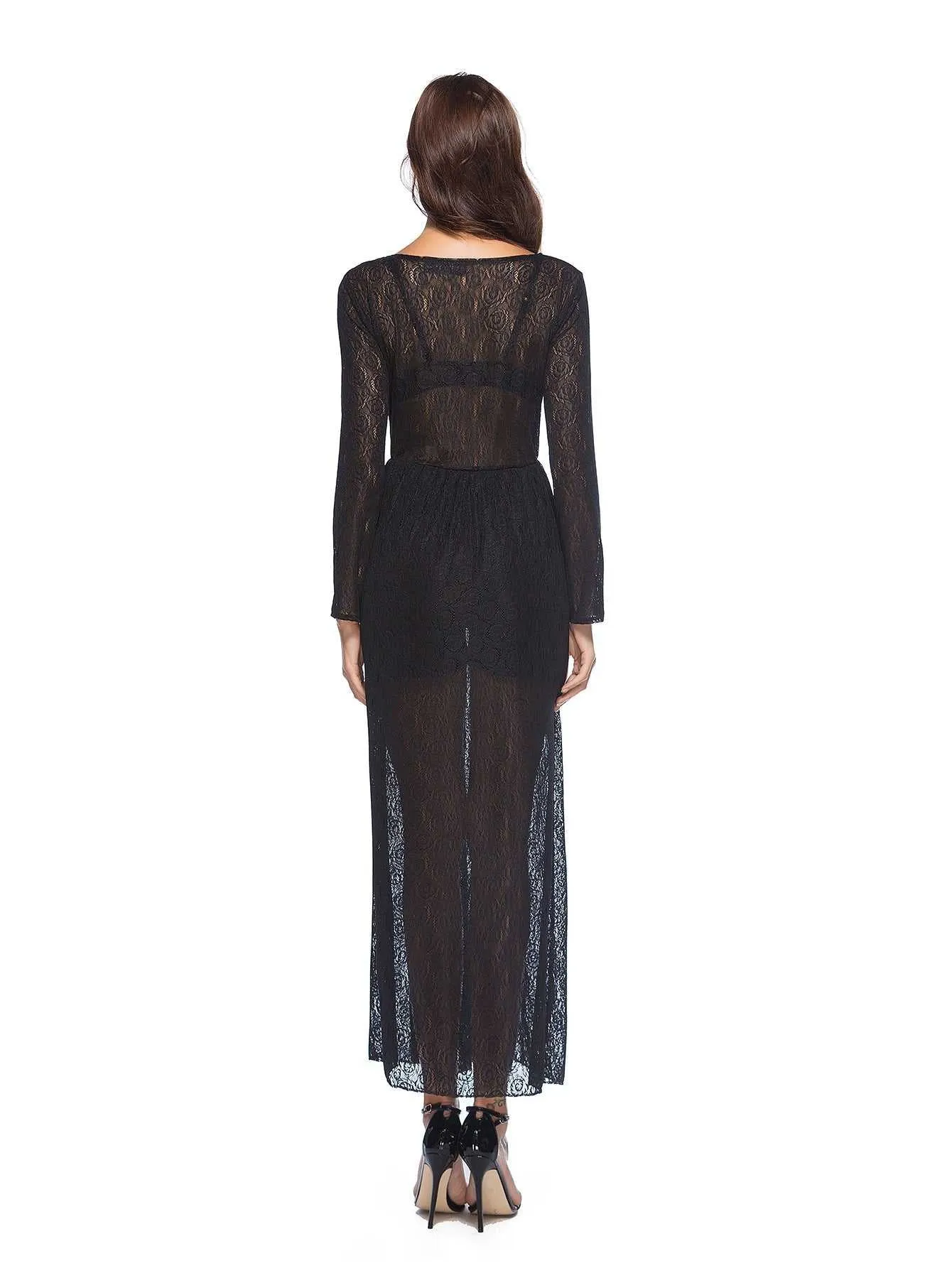 KittenAlarm - Black Split Thigh Elastic Waist Sheer Lace Maxi Dress with Pants Lining Without Bra