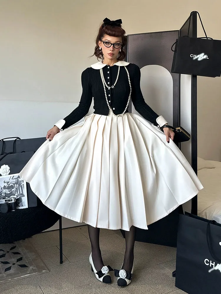 Le Palais Vintage Elegant White High Waist midi Pleated Skirt-Purity