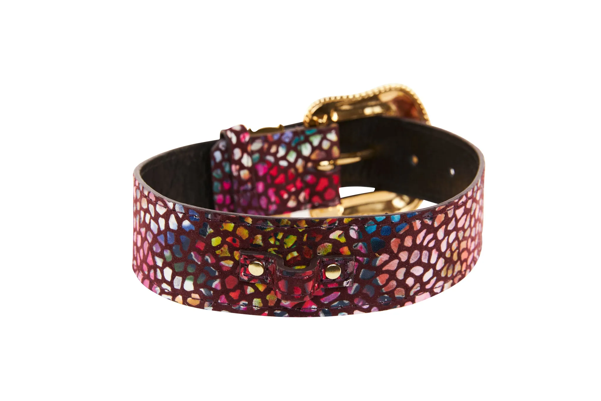 Luxury Pet Fashion Burgundy Floral Mosaic & Black Floral Mosaic Italian Leather With Silver Swarovski Crystal Hardware Collars