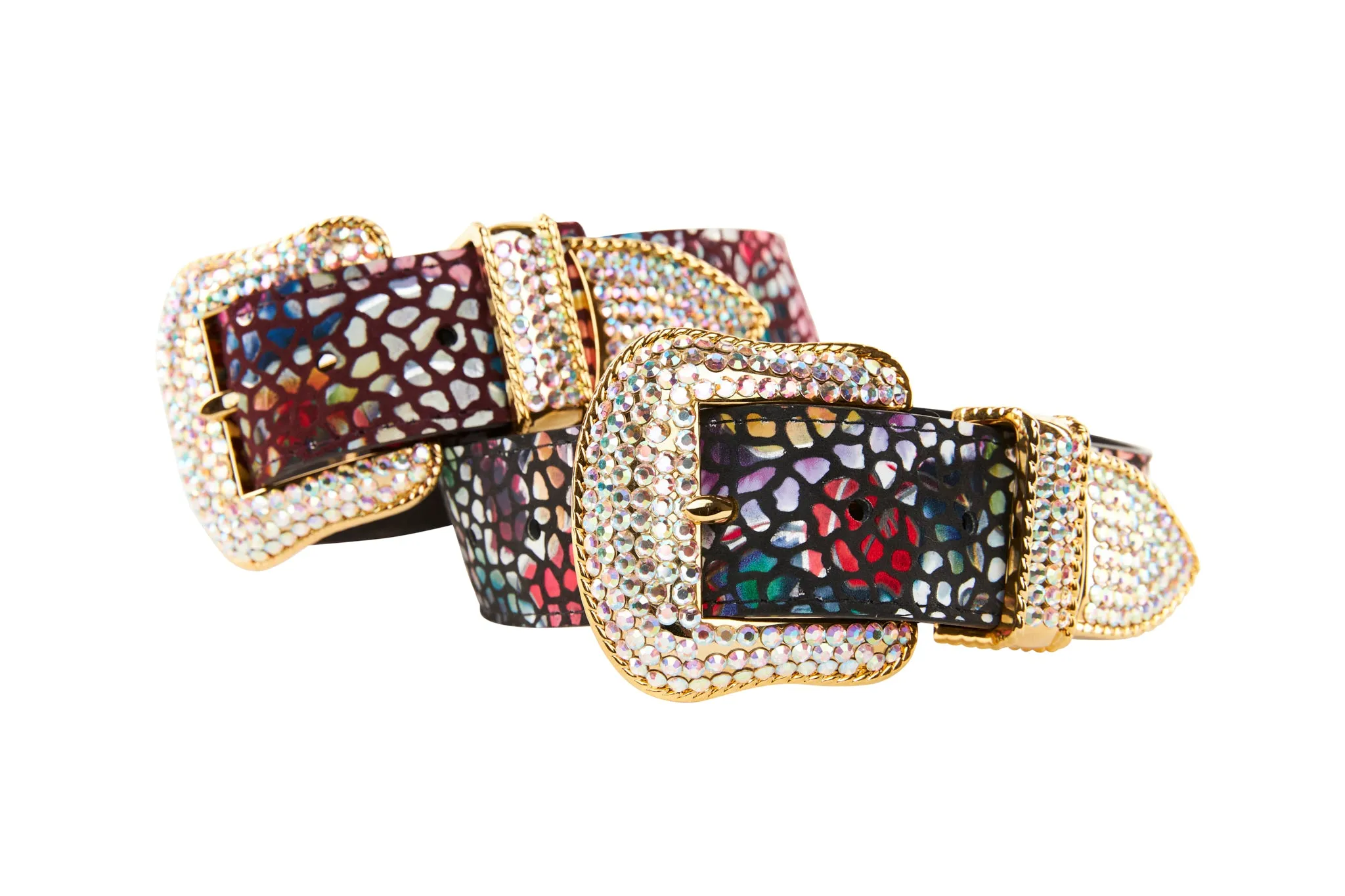 Luxury Pet Fashion Burgundy Floral Mosaic & Black Floral Mosaic Italian Leather With Silver Swarovski Crystal Hardware Collars