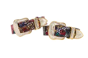 Luxury Pet Fashion Burgundy Floral Mosaic & Black Floral Mosaic Italian Leather With Silver Swarovski Crystal Hardware Collars