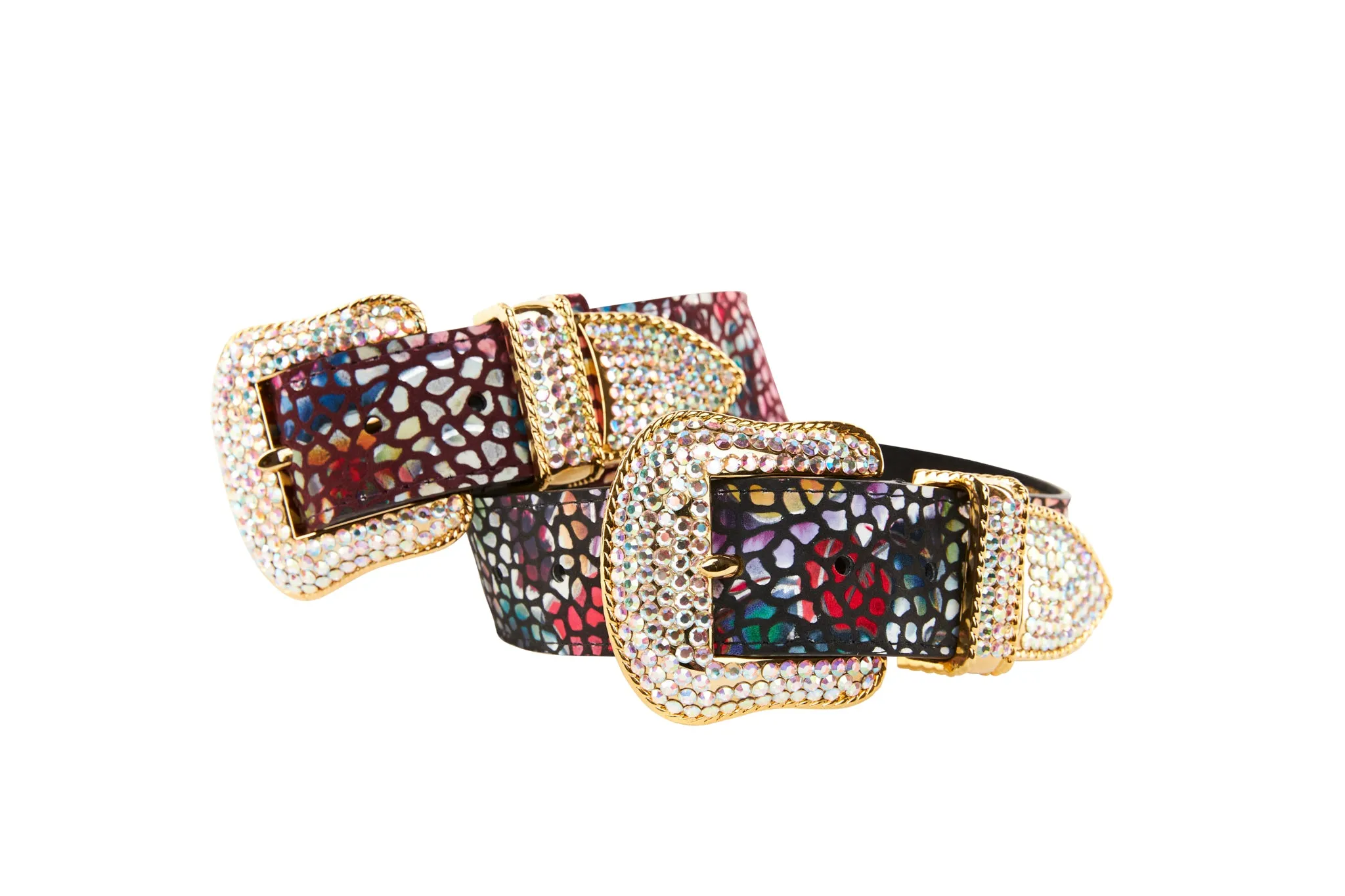 Luxury Pet Fashion Burgundy Floral Mosaic & Black Floral Mosaic Italian Leather With Silver Swarovski Crystal Hardware Collars