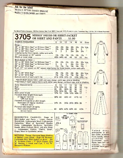 McCall's 3705 Vintage Sewing Pattern - 1970s Flares, Dress and Shirt