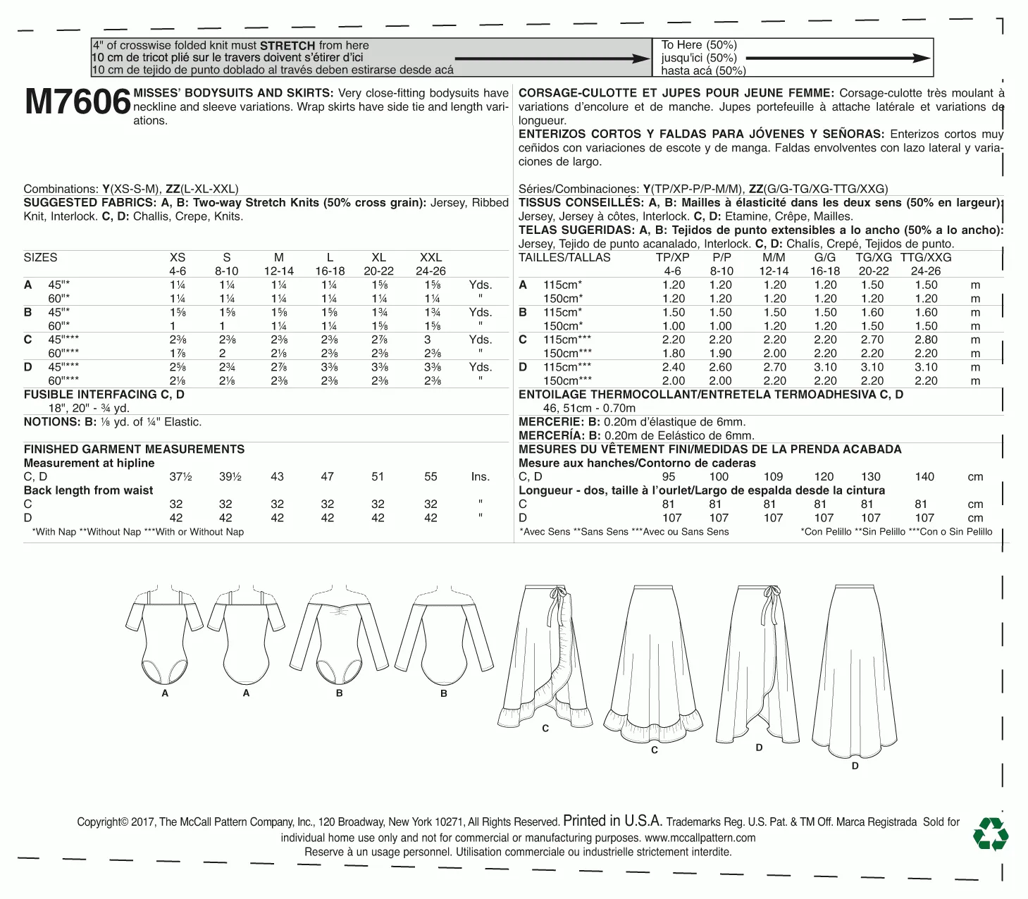 McCall's Pattern M7606 Misses' Off-the-Shoulder bodysuits and Wrap Skirts with Side Tie