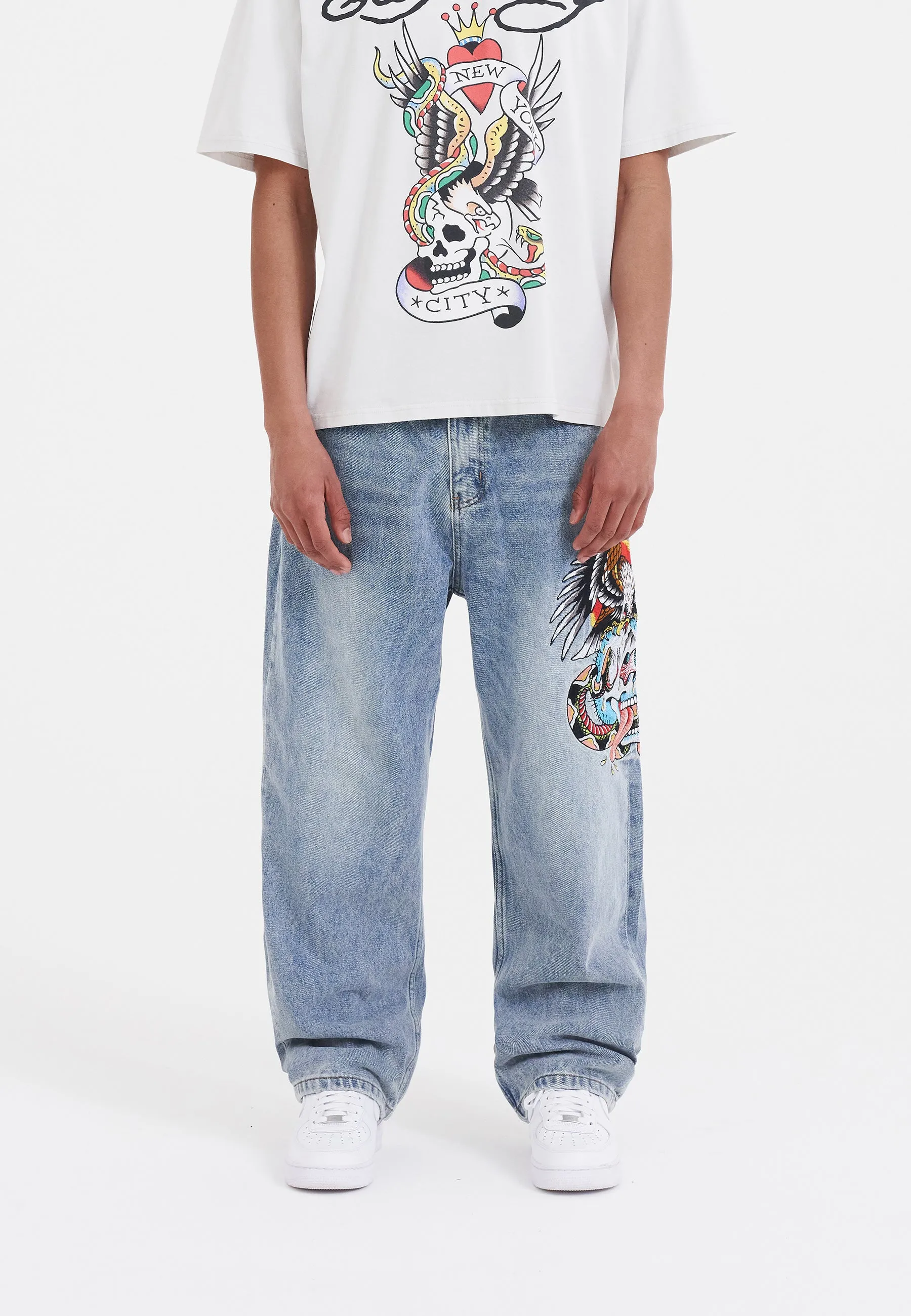 Mens Skull-Snake-Eagle Tattoo Graphic Denim Trousers Baggy Jeans - Bleach