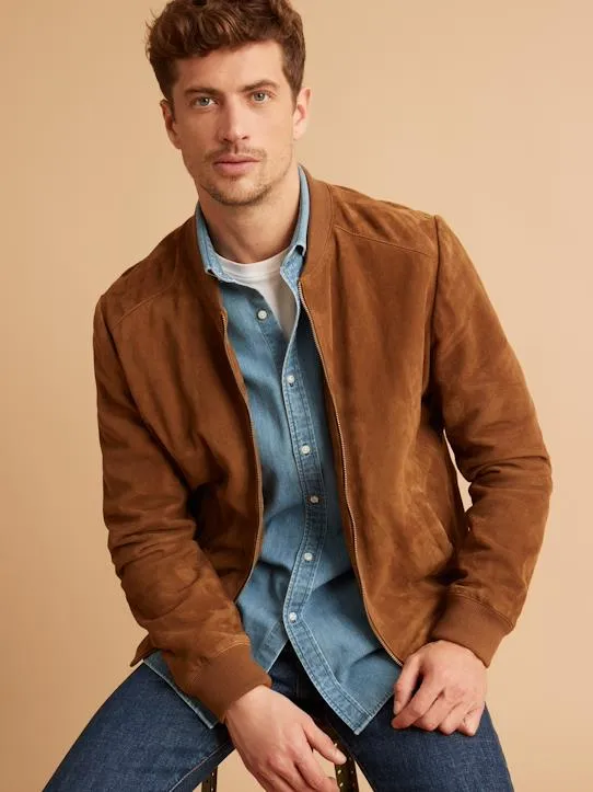 Men’s Tan Brown Suede Leather Bomber Jacket