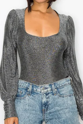 Metallic Lurex Fine Knit Long Sleeve Bodysuit