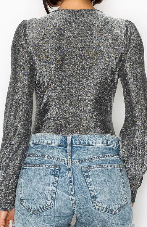 Metallic Lurex Fine Knit Long Sleeve Bodysuit