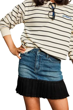 Mixed Denim Pleated Hem Mini Skirt