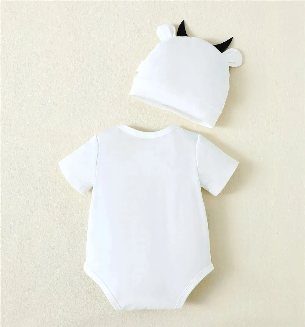 Newborn Baby Boy Cosplay Jumpsuit Cow Short Sleeved Bodysuit Calf Hat