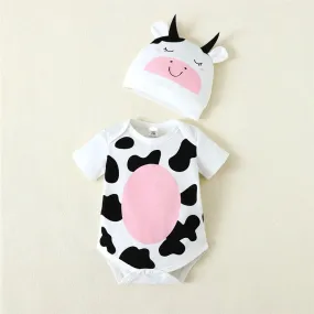 Newborn Baby Boy Cosplay Jumpsuit Cow Short Sleeved Bodysuit Calf Hat