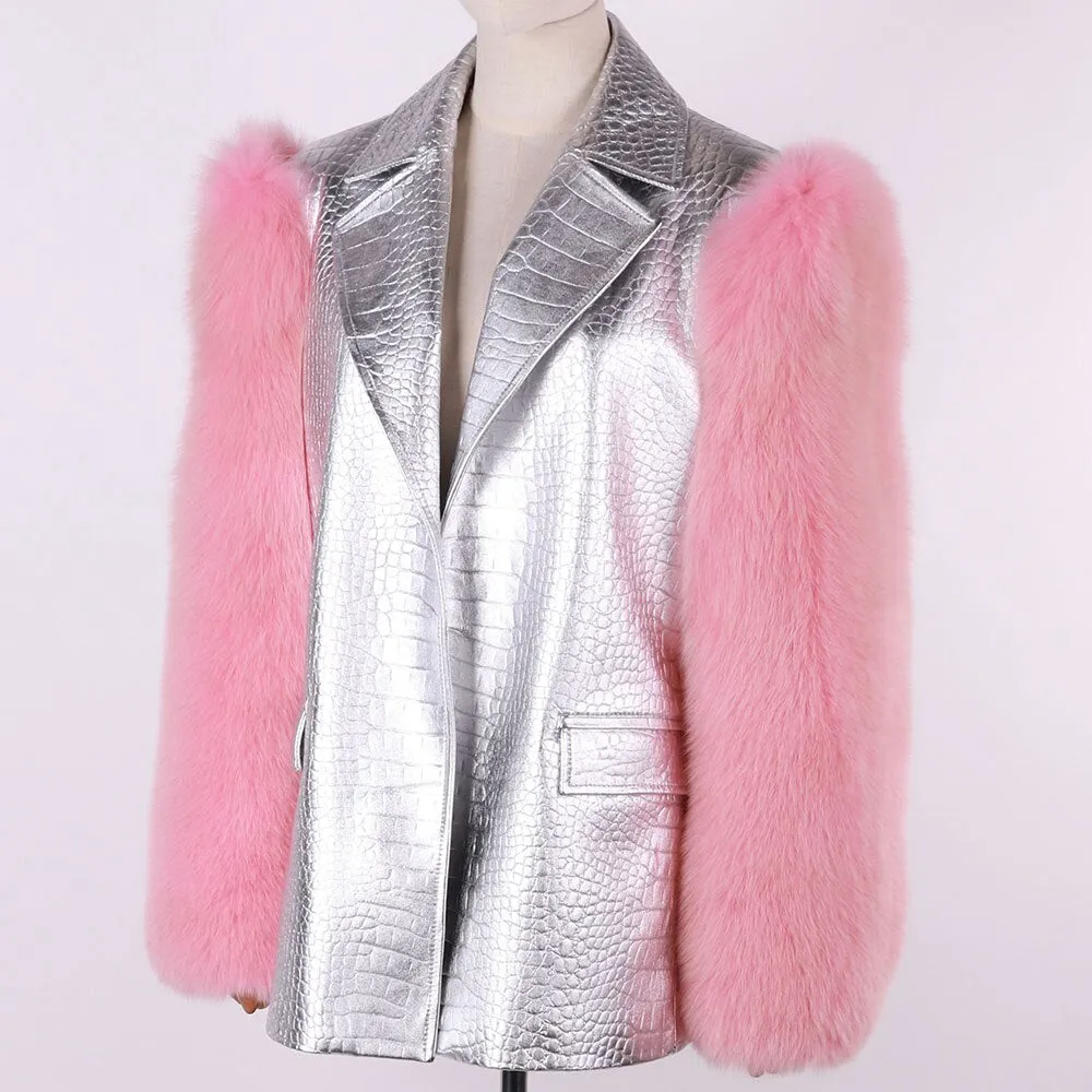 Oversized Real Fox Fur Sleeve Crocodile Pattern Genuine Leather Jacket