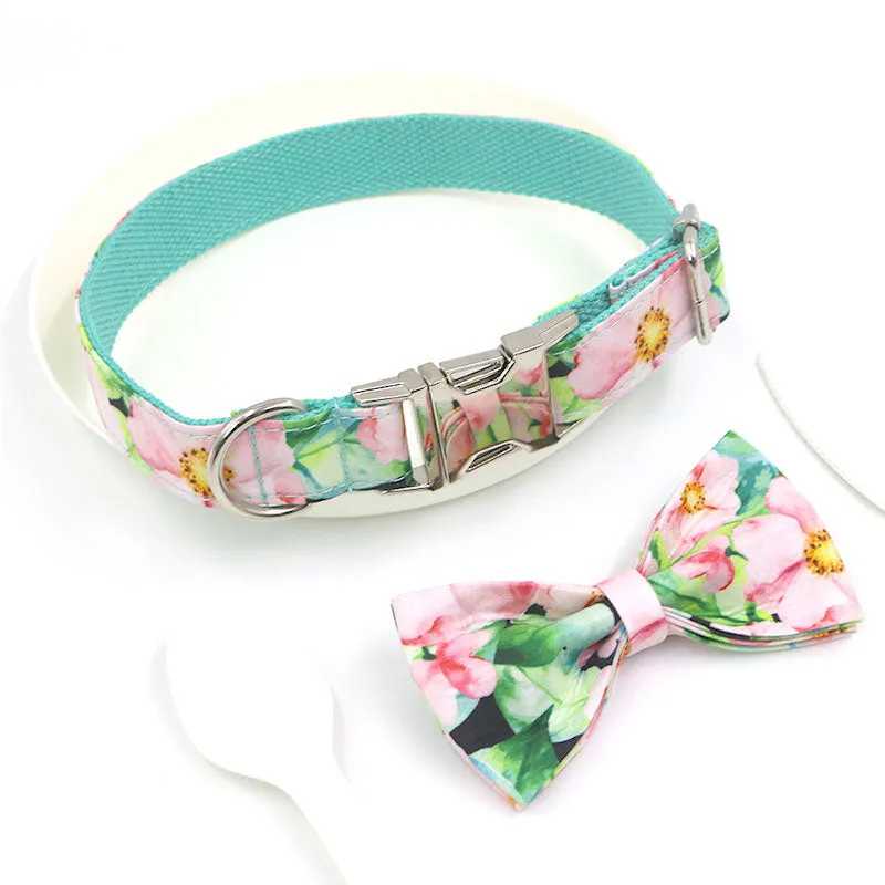 Personalized Dog Collar Engraved Metal Buckle with Leash Bow Tie Available - Green Lotus