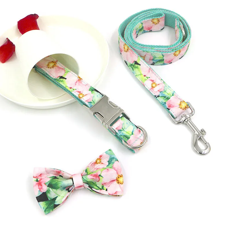 Personalized Dog Collar Engraved Metal Buckle with Leash Bow Tie Available - Green Lotus