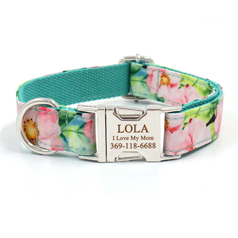 Personalized Dog Collar Engraved Metal Buckle with Leash Bow Tie Available - Green Lotus