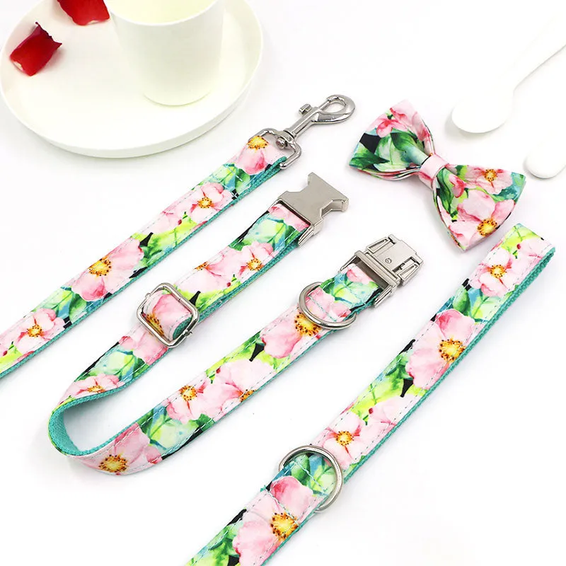 Personalized Dog Collar Engraved Metal Buckle with Leash Bow Tie Available - Green Lotus