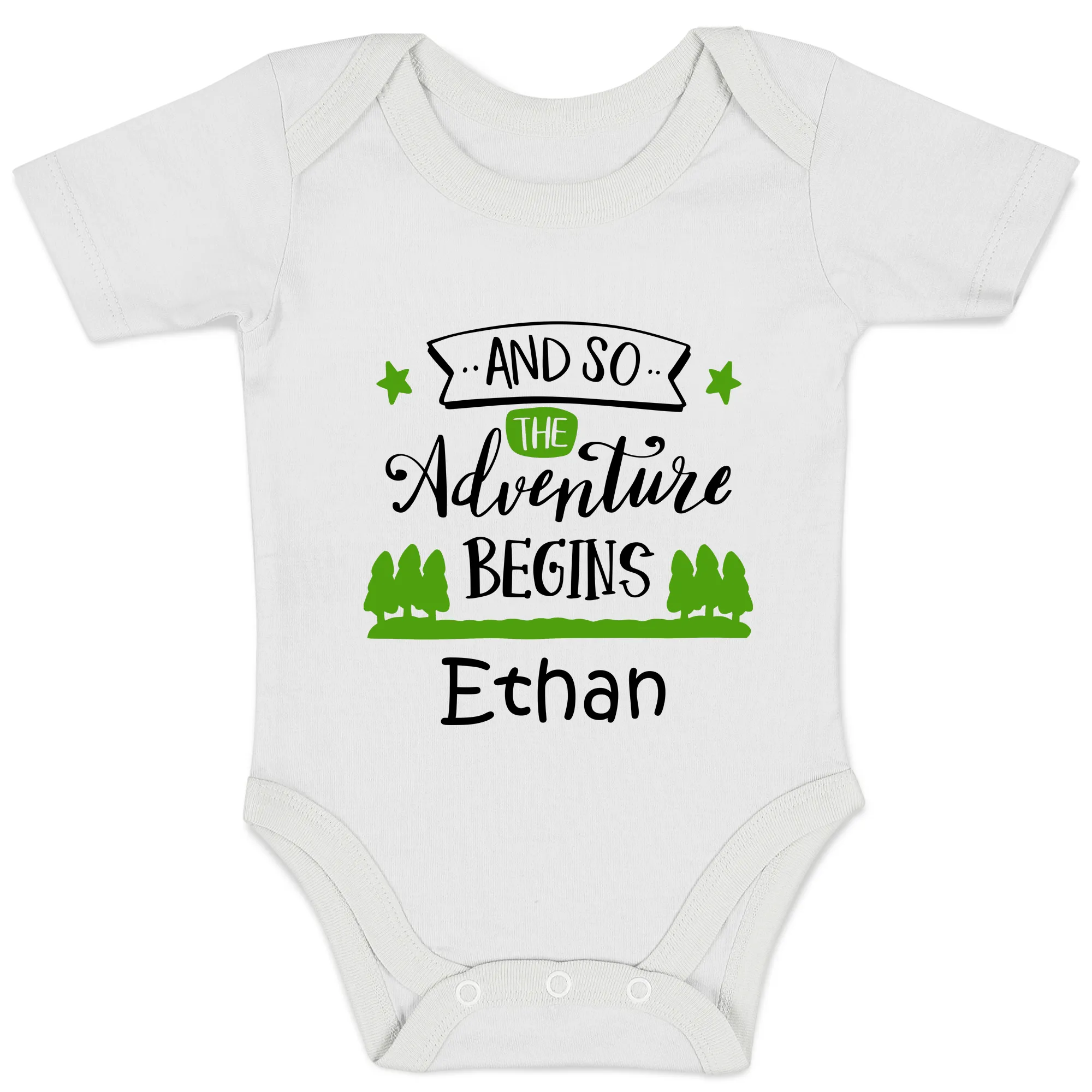 Personalized Organic Baby Bodysuit - Adventure Begins (White / Short Sleeve)