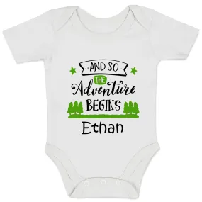 Personalized Organic Baby Bodysuit - Adventure Begins (White / Short Sleeve)