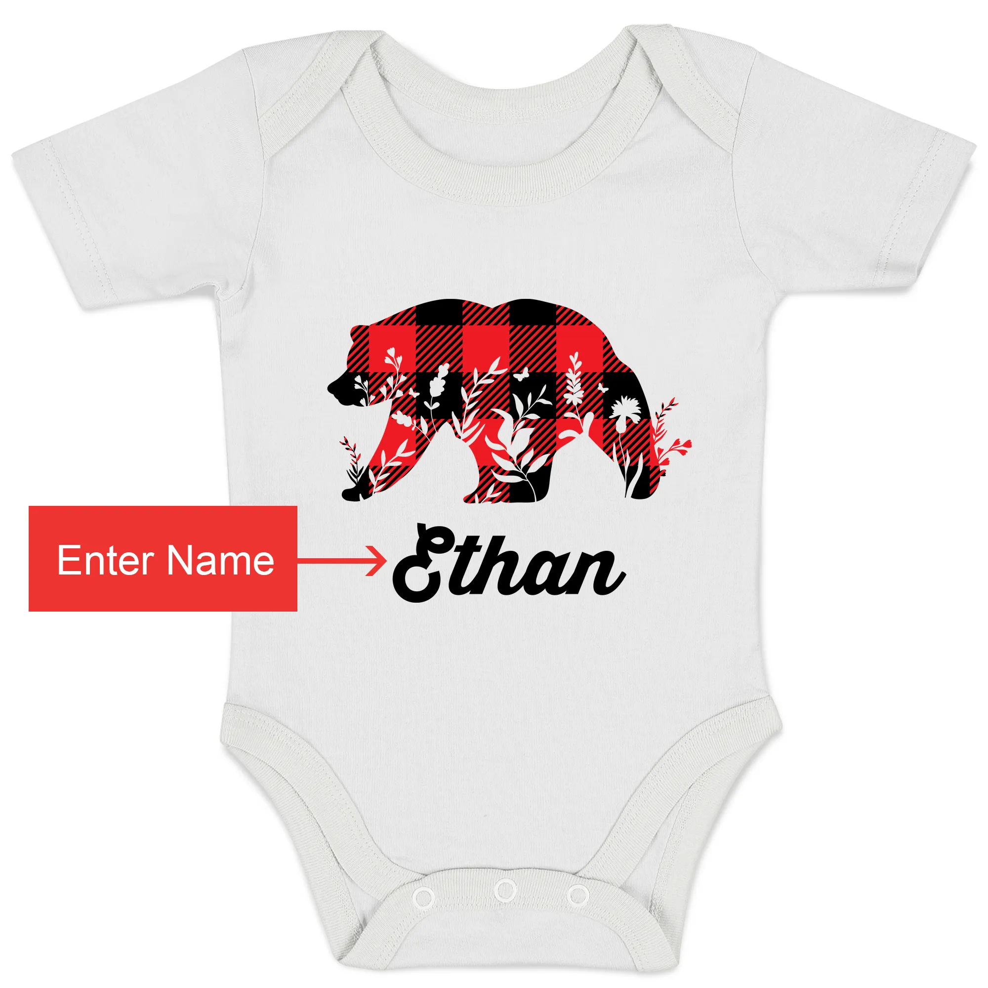 Personalized Organic Baby Bodysuit - Baby Bear (White / Short Sleeve)