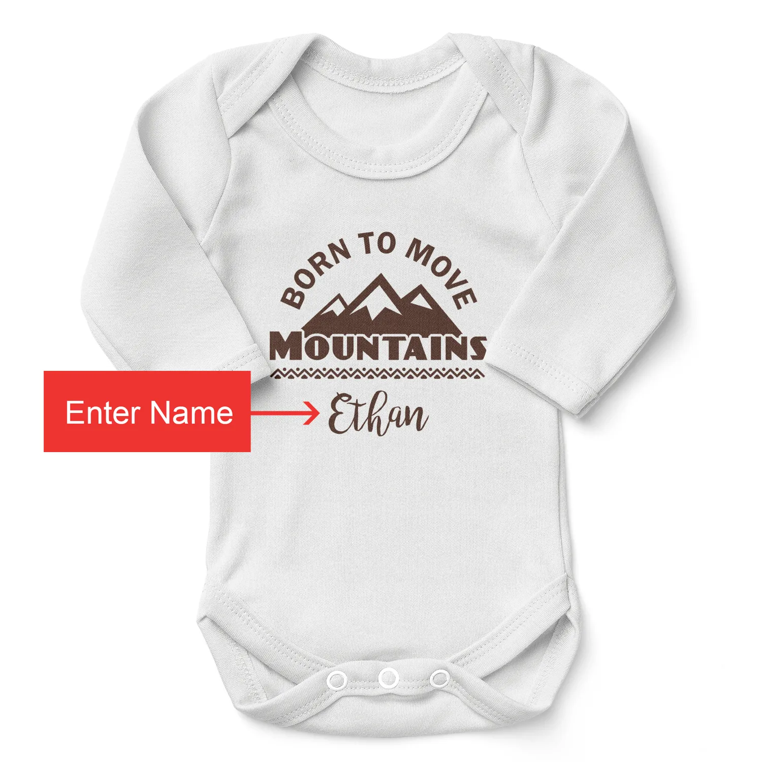 Personalized Organic Baby Bodysuit - Born To Move Mountains  (White / Long Sleeve)