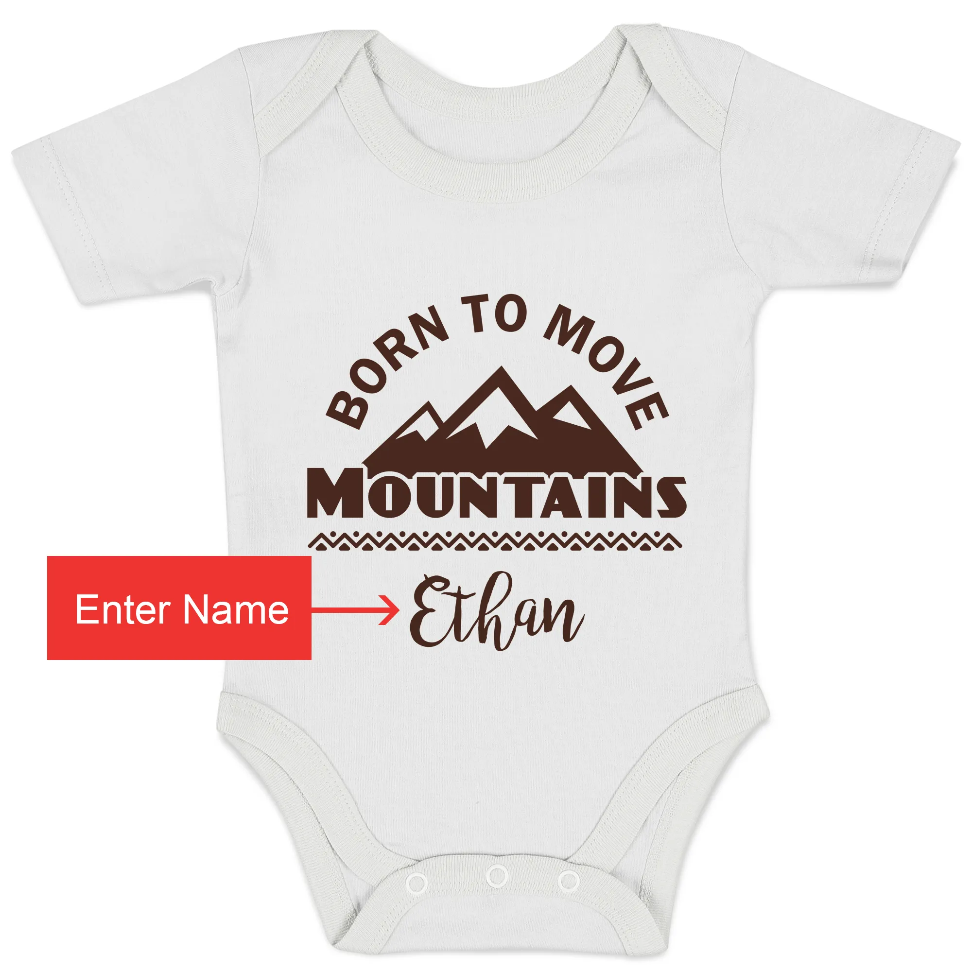 Personalized Organic Baby Bodysuit - Born To Move Mountains  (White / Short Sleeve)