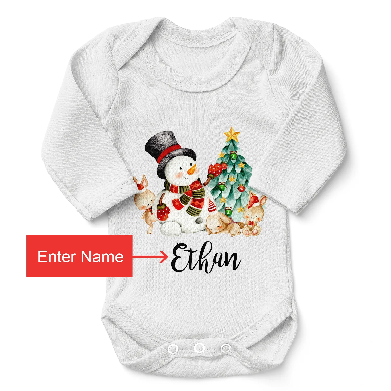 Personalized Organic Baby Bodysuit - Christmas Snowman (White / Long Sleeve)