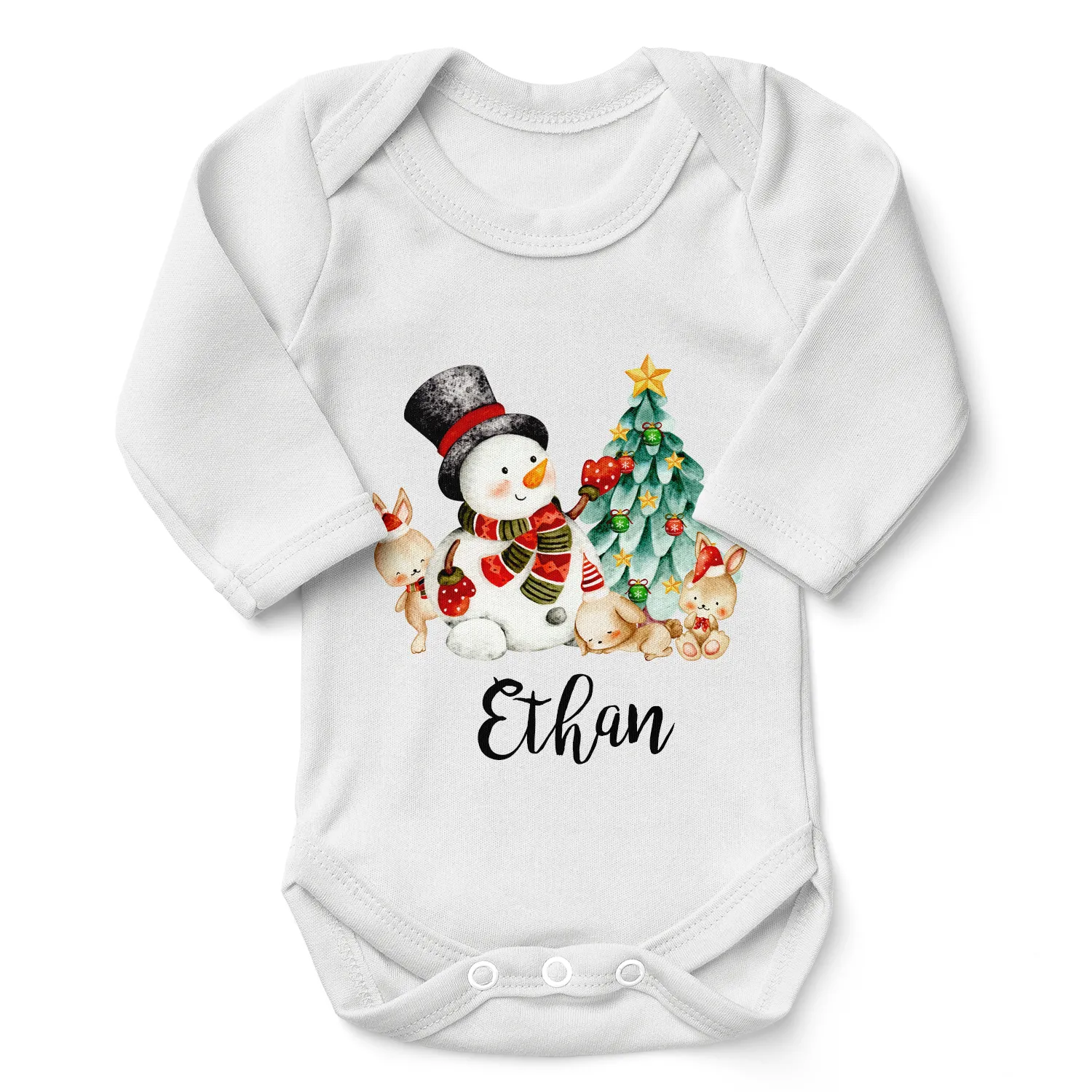 Personalized Organic Baby Bodysuit - Christmas Snowman (White / Long Sleeve)