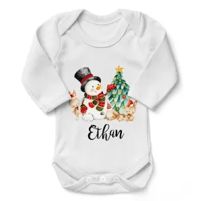 Personalized Organic Baby Bodysuit - Christmas Snowman (White / Long Sleeve)