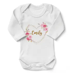 Personalized Organic Baby Bodysuit - Floral Love  (White / Long Sleeve)