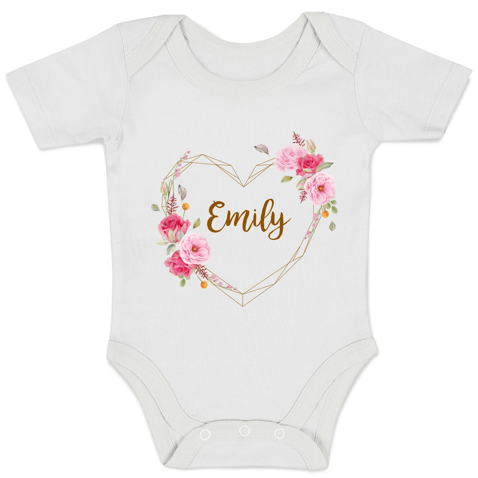 Personalized Organic Baby Bodysuit - Floral Love  (White / Short Sleeve)