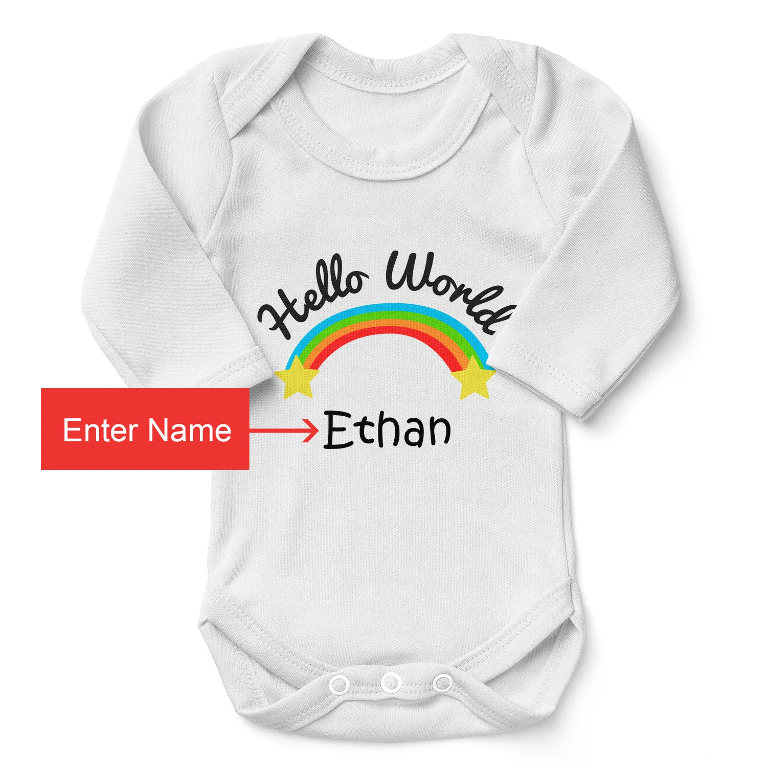 Personalized Organic Baby Bodysuit - Hello World (White / Long Sleeve)