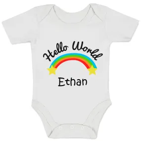 Personalized Organic Baby Bodysuit - Hello World (White / Short Sleeve)