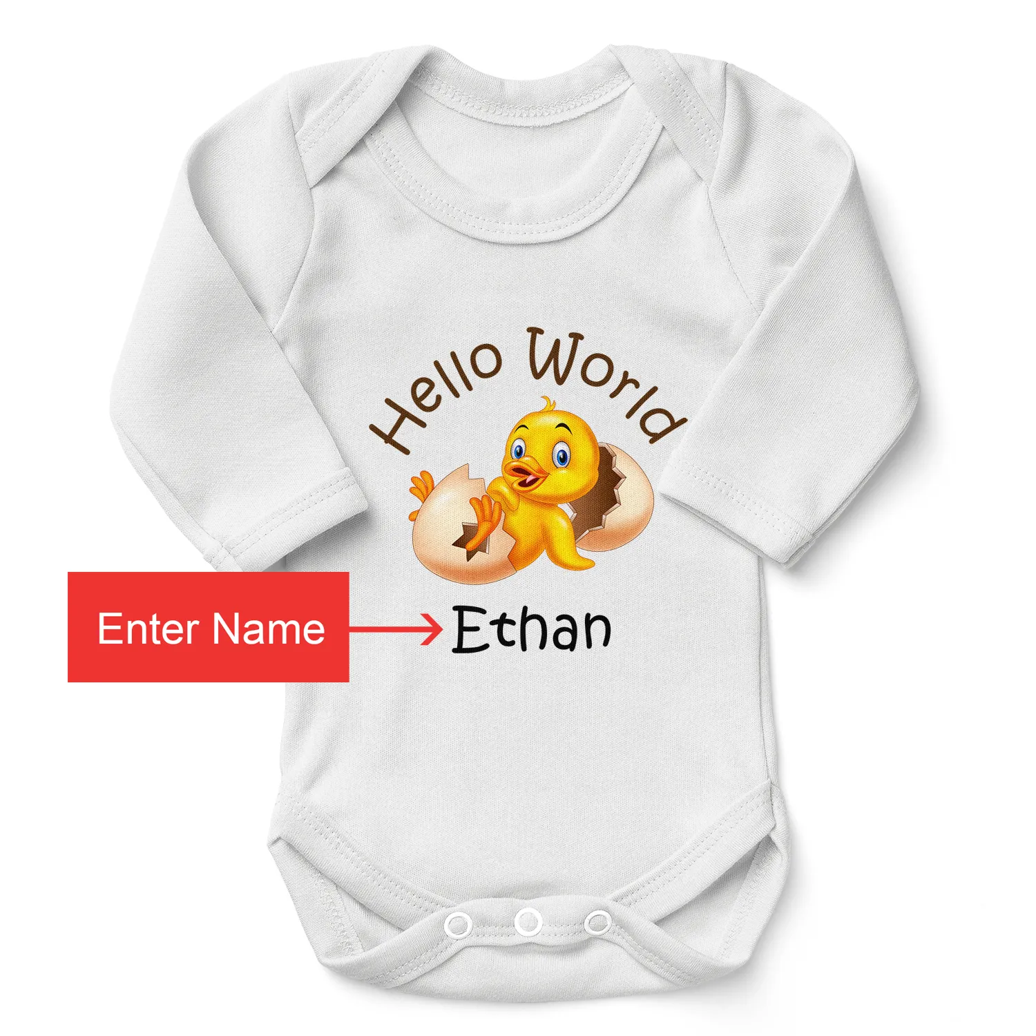 Personalized Organic Baby Bodysuit - Little Yellow Duck (White / Long Sleeve)