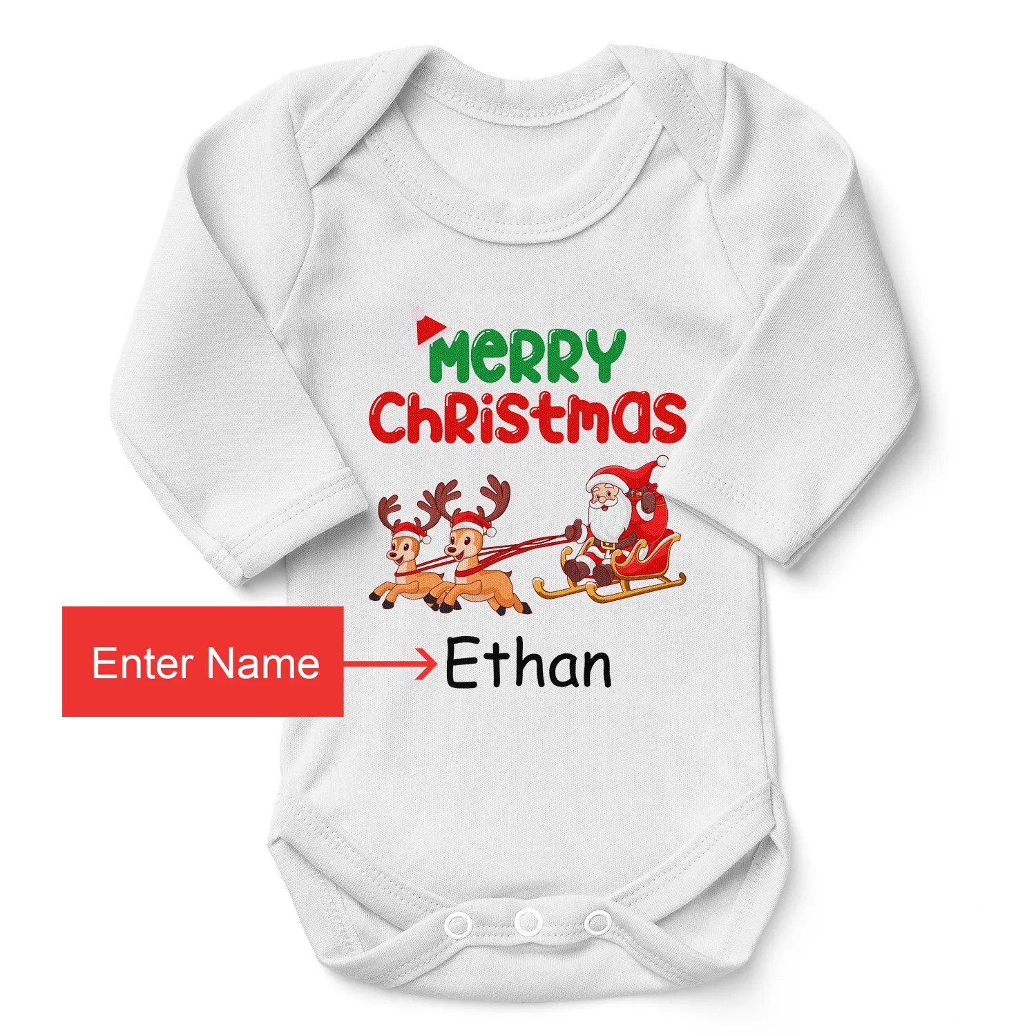 Personalized Organic Baby Bodysuit - Merry Christmas (White / Long Sleeve)