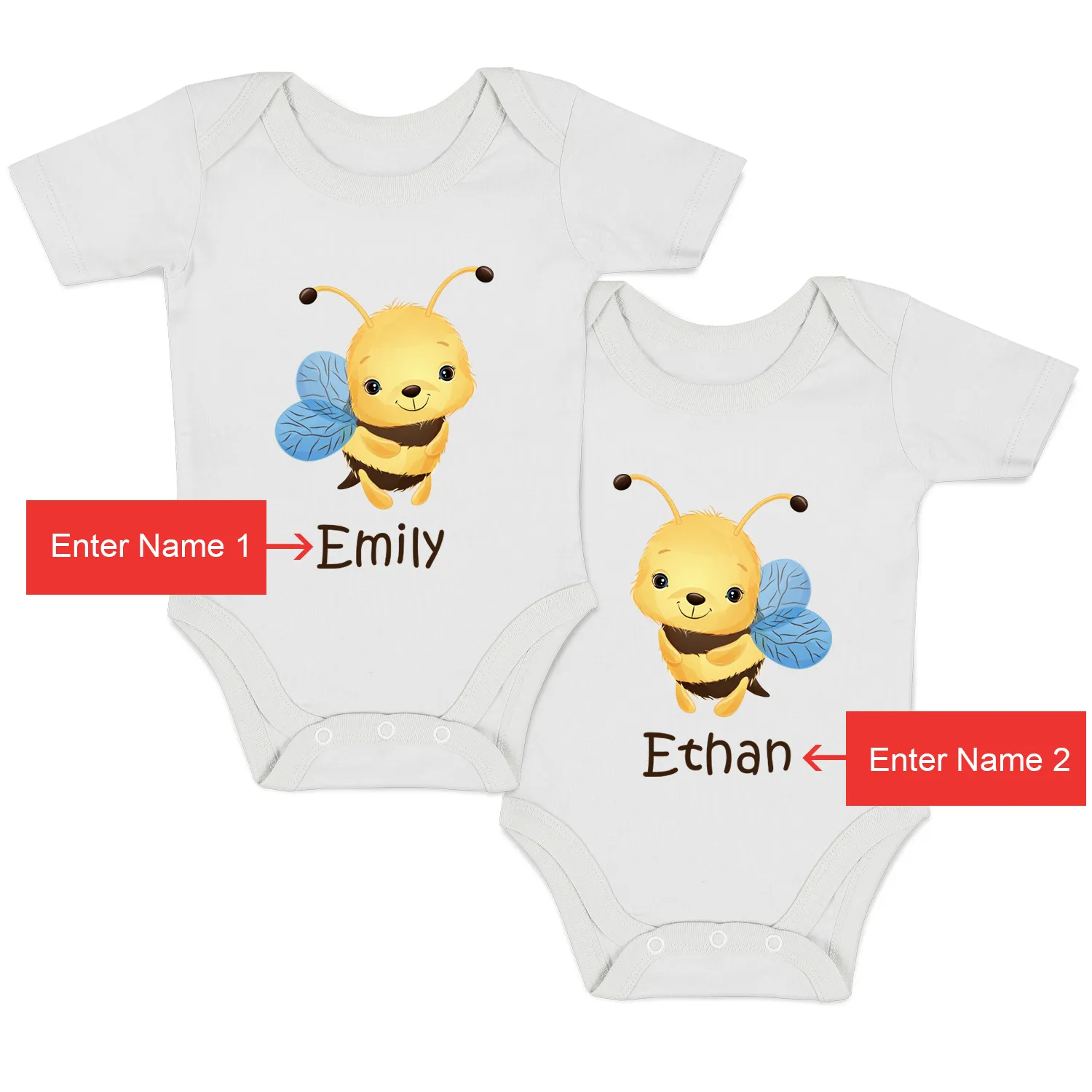 Personalized Organic Baby Bodysuit Set - TWIN Bees (White & White)