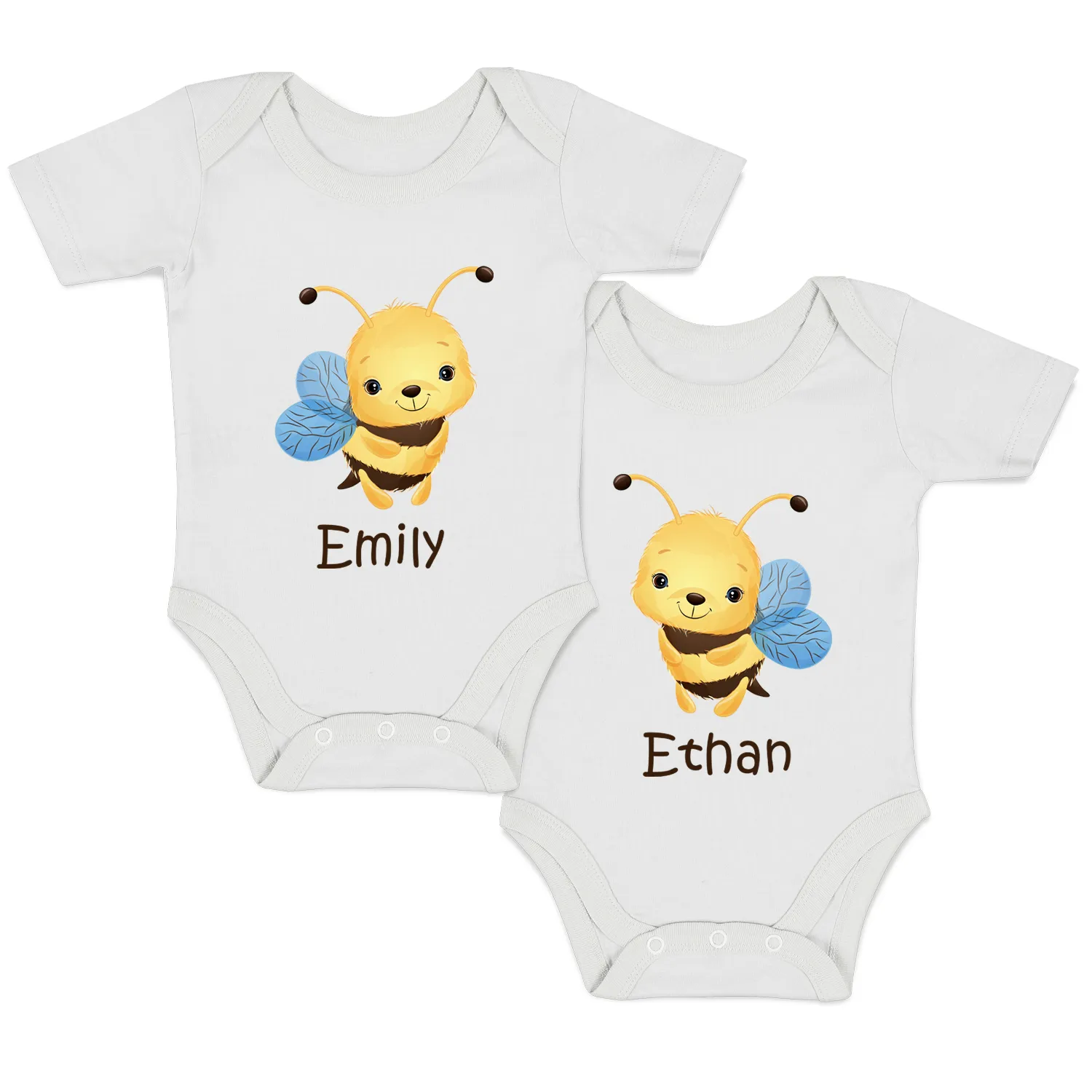 Personalized Organic Baby Bodysuit Set - TWIN Bees (White & White)