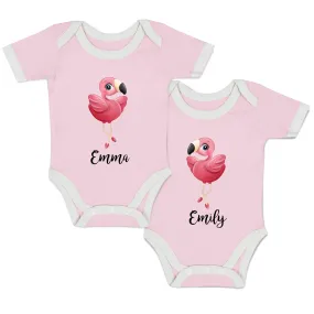 Personalized Organic Baby Bodysuit Set - TWIN Flamingos (Pink & Pink)