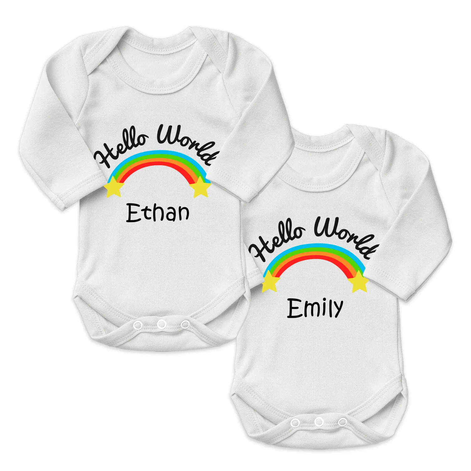 Personalized Organic Baby Bodysuit Set - TWIN Hello World (White & White)